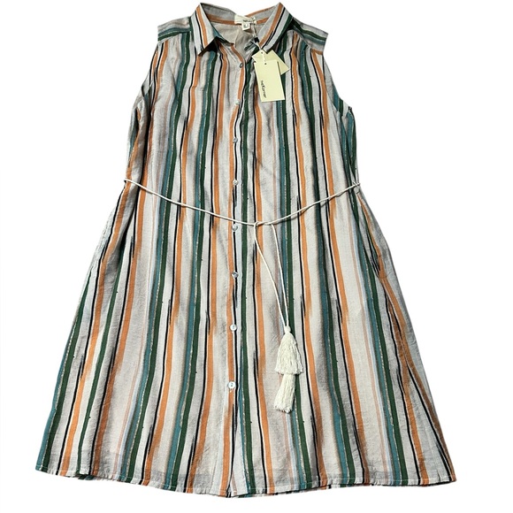 The Korner Sleeveless Stripe Shirt Dress Women’s L Beige Green Button Front NWT - Picture 2 of 8
